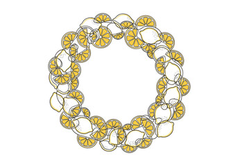 Obraz premium A charming hand drawn illustration of a circular garland adorned with numerous fresh lemons and sliced citrus fruits evoking a bright summer atmosphere