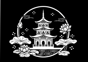 Traditional pagoda surrounded by serene lotus flowers in a tranquil pond setting