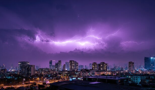 Cityscape at night under dramatic purple storm clouds