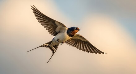 Fototapeta premium Bird in Flight Swallow with Outstretched Wings Flying in Clear Sky