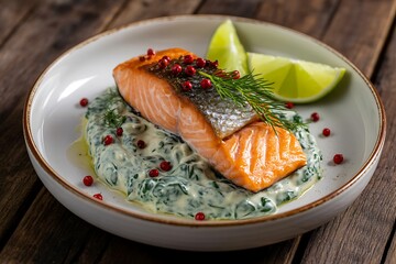 Delicious cooked salmon fillet with spinach and lime served on a plate