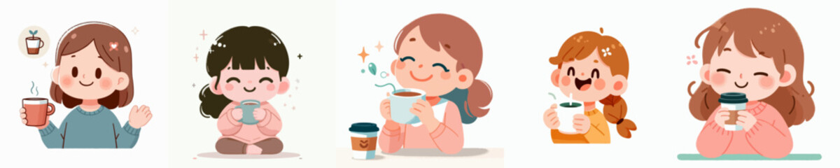 vector of a little girl drinking coffee in the morning