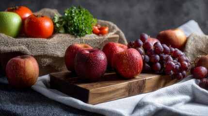 Fresh apples and grapes on rustic wooden table with dark background