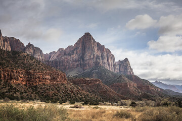 Zion National Park on an overcast stormy cloudy day