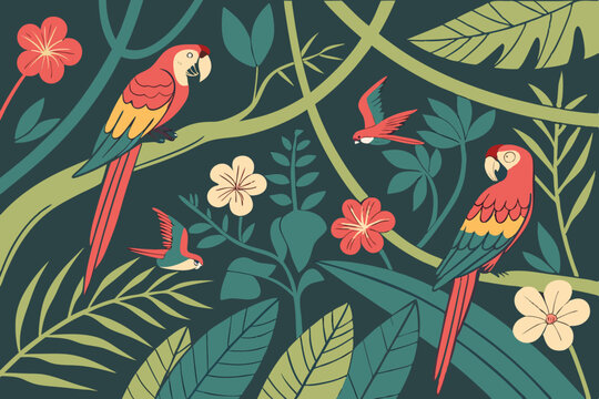 Colorful macaws and tropical flowers in a lush jungle scene