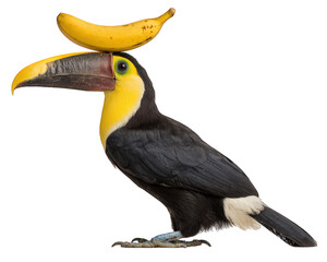 Fototapeta premium Toucan banana bird tropical yellow black animal fruit beak wildlife humor isolated nature feather perch creative funny jungle rainforest exotic standing side view large beak unique vibrant