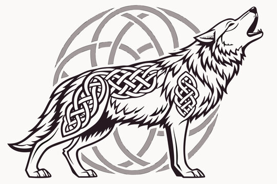 Stylized wolf howling with celtic knot patterns and circular design