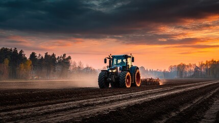 Obraz premium Tractor plowing a field at sunset