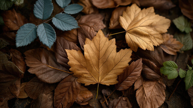 Autumn leaf brown leaf yellow leaf dry leaf foliage nature seasonal ground texture closeup evoke cozy and tranquil autumn mood with fallen leaves in warm earthy tones - Powered by Adobe