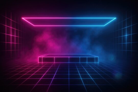 Futuristic Neon Grid Room with Pink and Blue Smoke and Platforms image photo