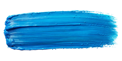 Bright blue thick paint brush stroke with visible texture and droplets graphic isolated on a transparent background