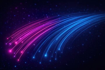 Fototapeta premium Glowing Fiber Optic Strands in Blue and Purple Against a Starry Background fiber optics