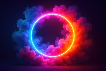 Glowing Neon Circle Surrounded by Colorful Smoke and Mist light abstract