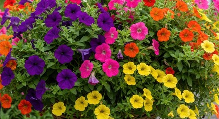 Obraz premium A vibrant display of colorful petunias overflows from a hanging basket creating a beautiful floral arrangement