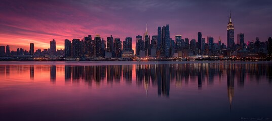 Fototapeta premium New York City skyline at dawn, reflected in calm water