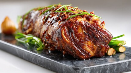 Roasted pork loin with spring onions on a dark stone platter.
