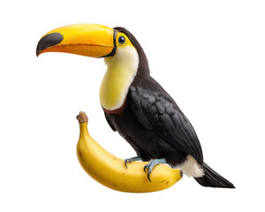 Obraz premium Toucan with vibrant yellow beak perched on ripe banana, photo realistic style, tropical bird, creative animal concept, isolated on transparency background
