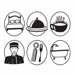 Illustration of hotel services isolated on white background, including bed, food and drink