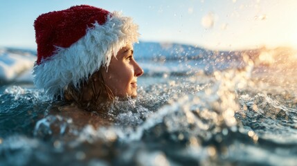 A young person joyfully swims in a winter setting wearing a festive Santa hat, showcasing the fun and excitement of holiday activities amid beautiful snowy scenery.