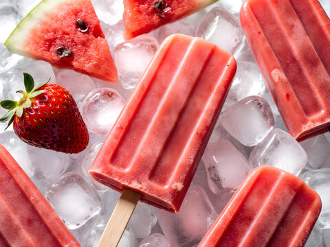 Kreative Foodfotografie von Erdbeer Eispop und Sommerbl&uuml;ten