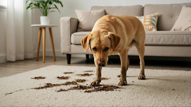 Light labrador stands on white carpet with muddy paw prints, clean lifestyle style, concept cleanup training pet care, use for home services promo insurance