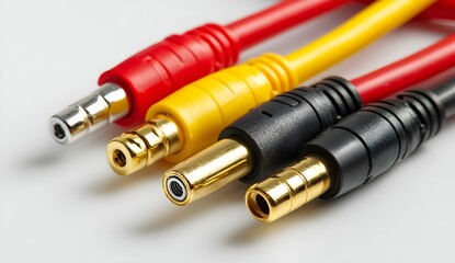 This image shows four RCA cables with metal connectors in red, yellow, and black. They are used for analog audio and video signal transmission in electronic devices.