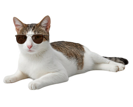 Cool cat wearing sunglasses relaxed summer vibe white and brown fur playful pet isolated on transparency background trendy animal stylish accessory confident expression fun mood domestic feline