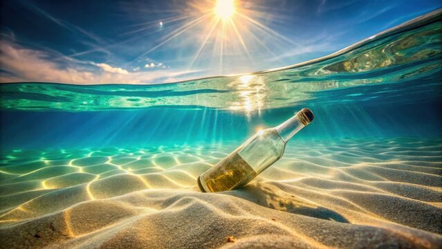 Sunlit Ocean Depths Conceal a Glass Bottle Partially Submerged in the Sandy Seabed, a Message in a Bottle Mystery Unveiled