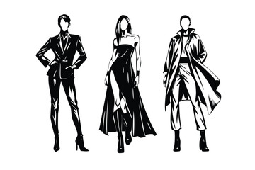 Avant-Garde High-Fashion Woodcut Vector Set - Engraved Editorial Style Illustrations