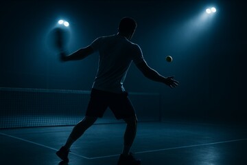 Dynamic padel tennis player striking ball under dramatic stadium lights, capturing athletic focus and intensity