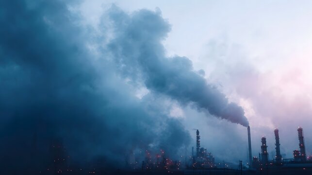 Oil refinery with smoke stacks in an urban industrial setting