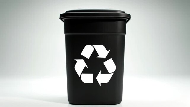 Black Recycle Bin with Circular Arrow Symbol on White Background in a Studio Setting
