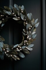 Modern Nordic holiday wreath featuring soft green leaves and decorative white berries perfect for seasonal decor