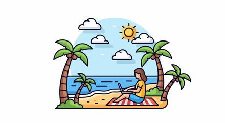 Woman Working on Laptop at Tropical Beach with Palm Trees