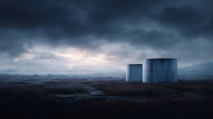 Obraz premium Oil storage tanks in a remote field under an overcast sky