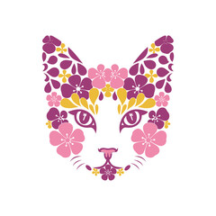 Colorful Floral Cat Face Illustration with Pink and Yellow Flowers