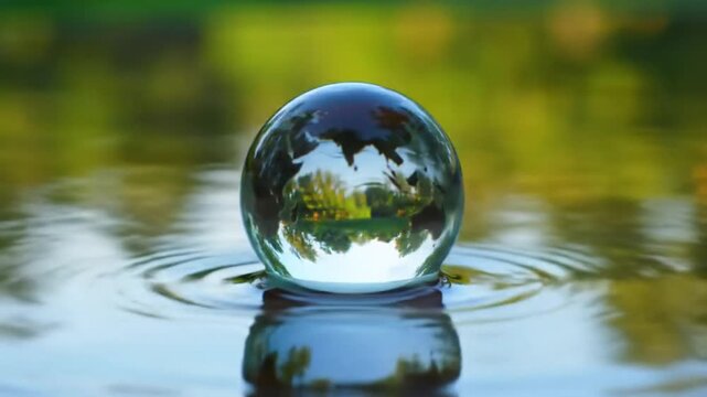 Clear Glass Sphere Reflecting Green Trees in Water with Ripples and Smooth Surface