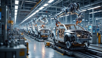 Fototapeta premium Automated Car Assembly Line Robots Working on Vehicles
