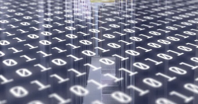 Starting binary digits filling frame, camera panning upward revealing 3D bar grid visualizing data