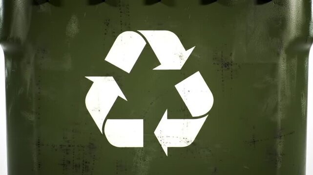 Close Up of Green Recycle Bin with a White Recycling Symbol on a Neutral Background