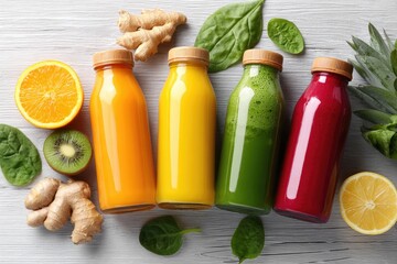 Colorful juice bottles arranged with fresh fruits and vegetables.