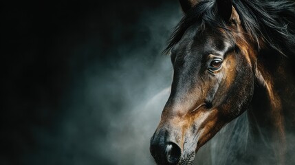 Powerful horse emerges from mist in a dramatic setting during twilight hours