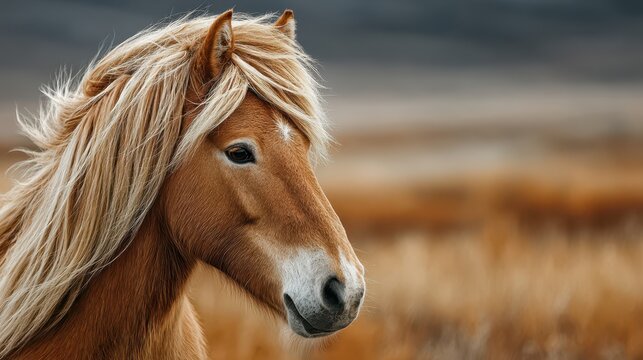 Majestic horse with flowing mane stands gracefully in a golden meadow during a tranquil sunset