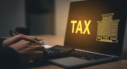 Tax Calculation A Person Using a Calculator and Laptop with a Tax Symbol, Representing Financial Analysis and Planning for Fiscal Responsibility.