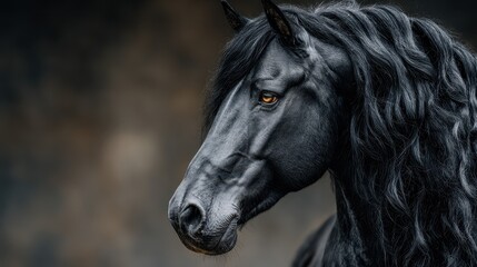 Majestic black horse with flowing mane stands confidently against dark background