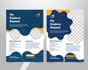"Modern travel flyer template – creative tourism brochure design with placeholders for photos, perfect for vacation, tour, and holiday promotion."