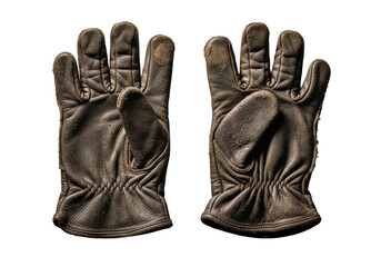 Heavily weathered, dirty, distressed dark brown leather work gloves, one flat, one crumpled, on a seamless transparent background. Macro close-up, dramatic studio lighting, concept of arduous work and