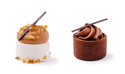 Delicious chocolate desserts decorated with elegant toppings in a clean setting
