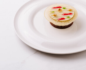 Unique dessert presentation with creative toppings served on a white plate