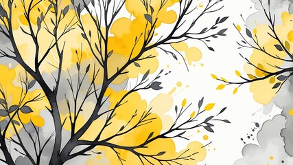 Fototapeta premium Abstract watercolor style art combination of art yellow and gray themed background. Tree branches textured art with sense of colors